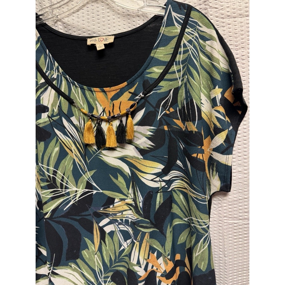 With Love Women's Tropical Leaf Green Yellow Brown Tassel Necklace Blouse SZ L - Picture 5 of 10